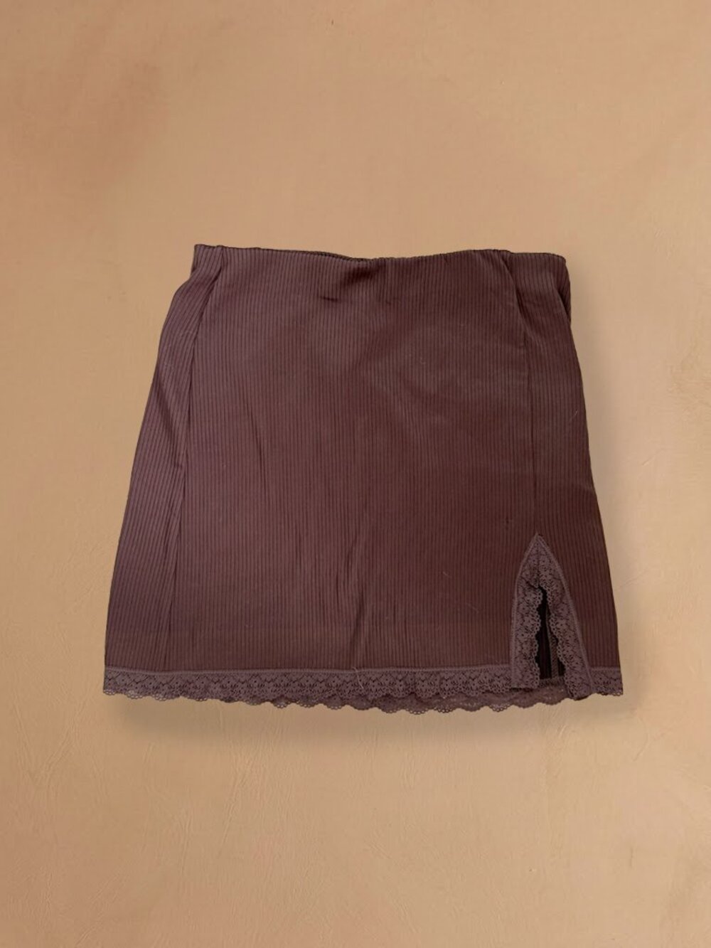 Dark Brown Ribbed Mini Skirt Lace Trim Front Slit Y2K Coquette